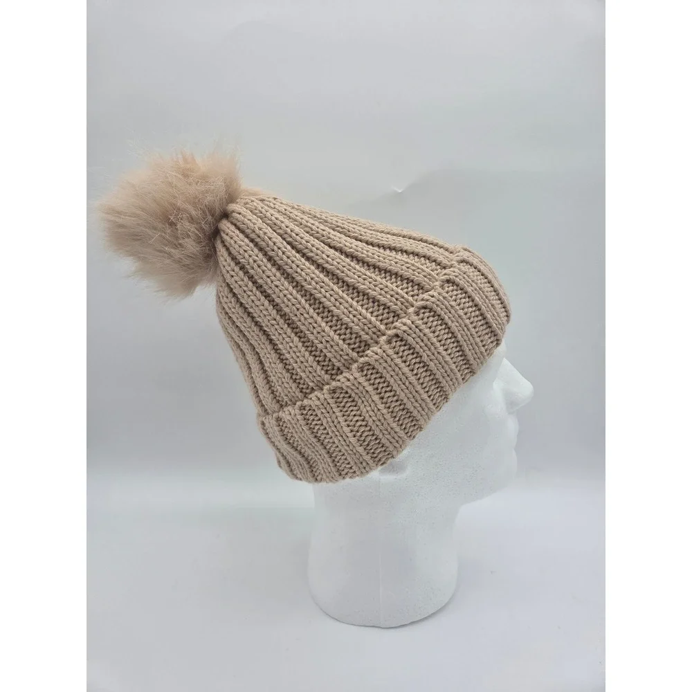 Time and Tru Beanie OS Tan Womens Ribbed Faux Fur Pom Pom Recycled Knit Hat